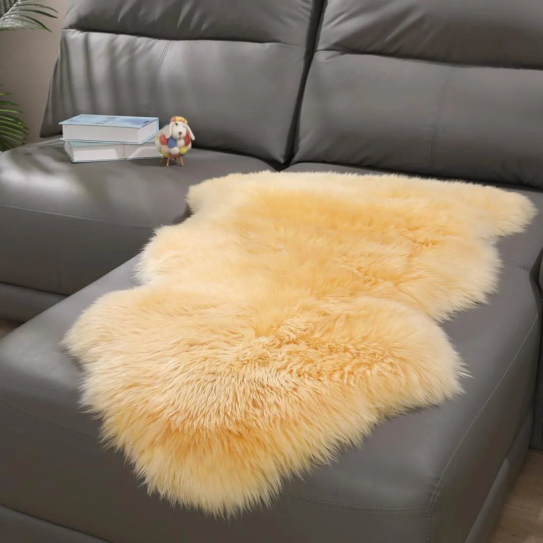 Premium Genuine Sheepskin Rug, Genuine Sheepskin Natural Fluffy Fuzzy Lambskin Fur Area Rug Seat Covers for Kids Bedroom Sofa Chair Cover Pets Dogs Mat Single Pelt/2' x 3' Golden Yellow