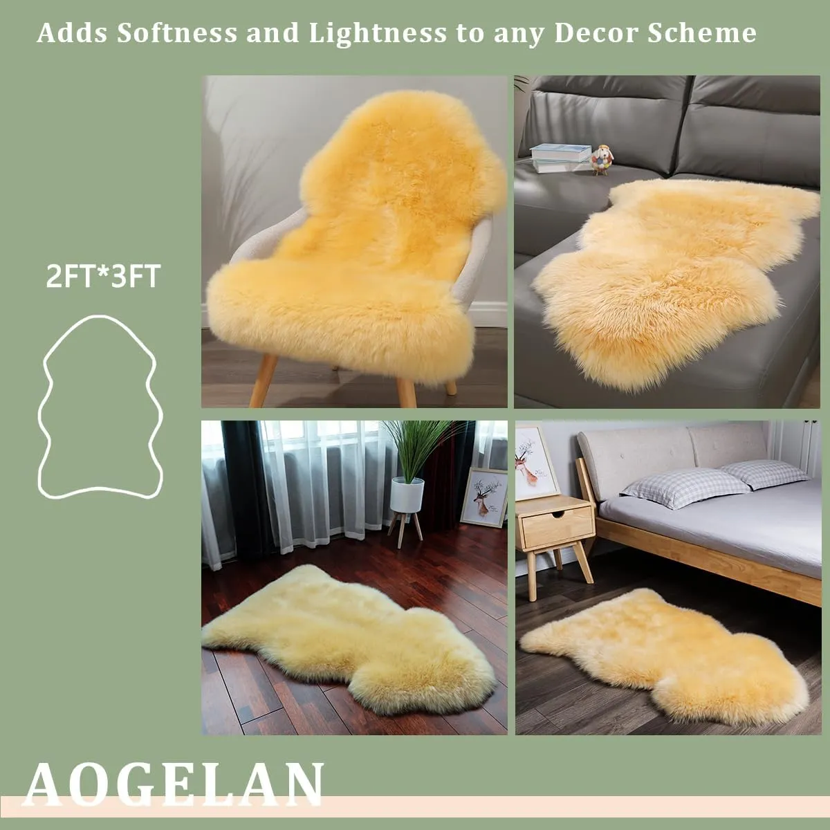 Premium Genuine Sheepskin Rug, Genuine Sheepskin Natural Fluffy Fuzzy Lambskin Fur Area Rug Seat Covers for Kids Bedroom Sofa Chair Cover Pets Dogs Mat Single Pelt/2' x 3' Golden Yellow