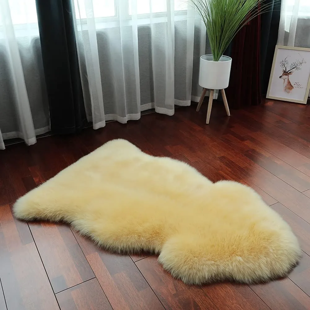 Premium Genuine Sheepskin Rug, Genuine Sheepskin Natural Fluffy Fuzzy Lambskin Fur Area Rug Seat Covers for Kids Bedroom Sofa Chair Cover Pets Dogs Mat Single Pelt/2' x 3' Golden Yellow