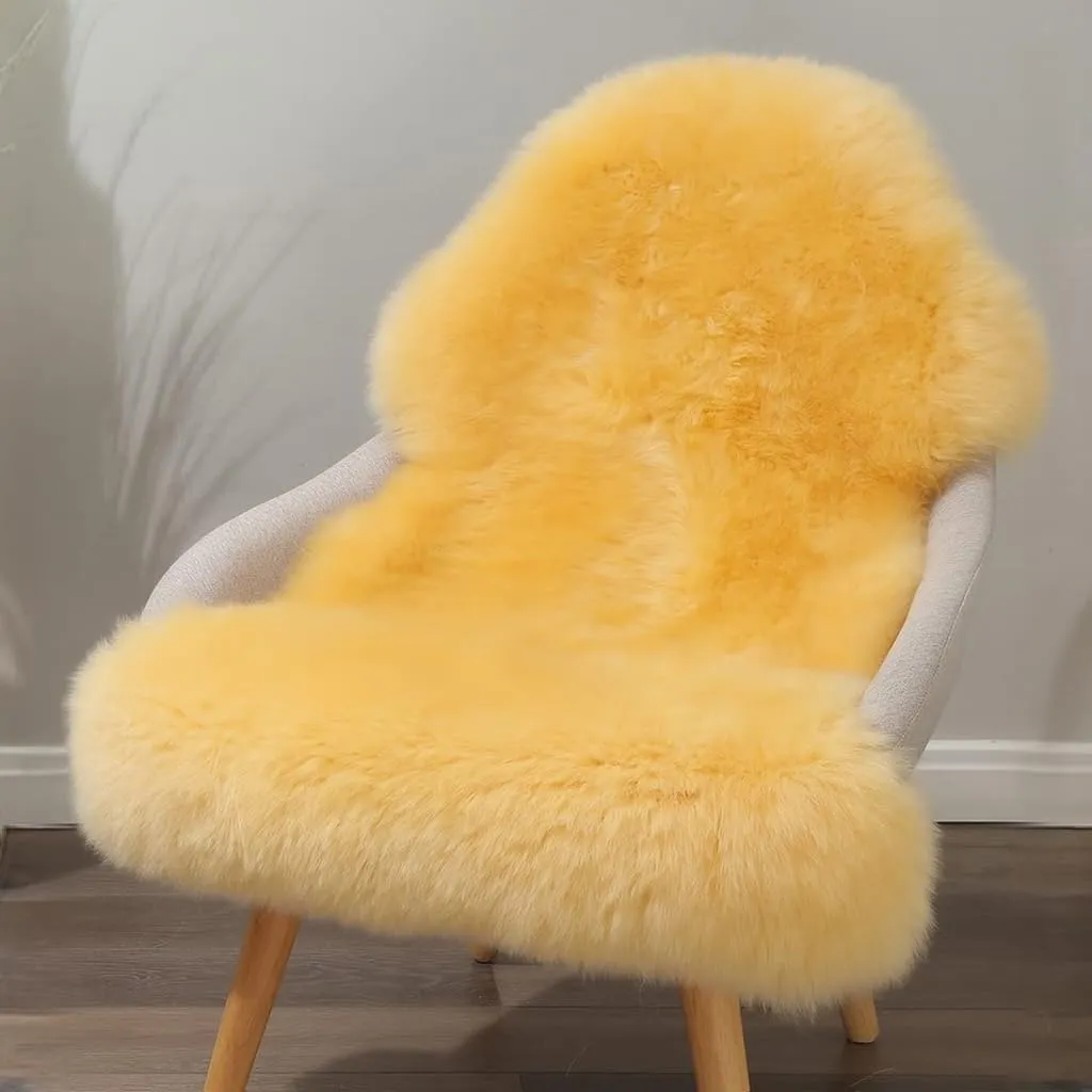 Premium Genuine Sheepskin Rug, Genuine Sheepskin Natural Fluffy Fuzzy Lambskin Fur Area Rug Seat Covers for Kids Bedroom Sofa Chair Cover Pets Dogs Mat Single Pelt/2' x 3' Golden Yellow
