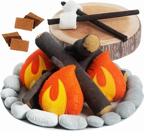 Pretend Campfire Set for Kids with S'Mores Kit & Wood Log Pillow - Soft, Safe & Durable Toy Campfire for Pretend Play & Sensory Play - Giftable Plush Felt Kids Campfire Playset for Ages 3 