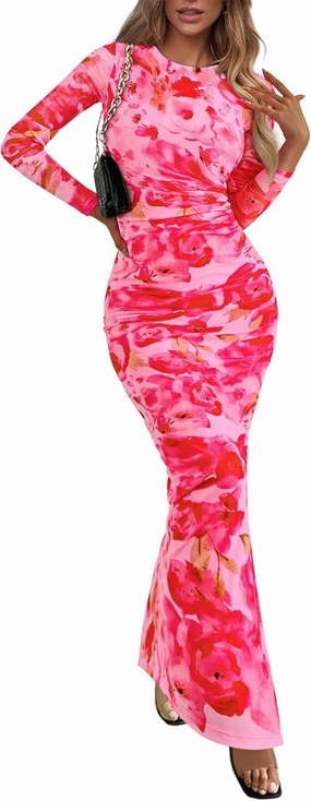 PRETTYGARDEN Women's Bodycon Maxi Dress Fall Spring Fashion Long Sleeve Floral Print Tight Fitted Party Club Ruched Dresses