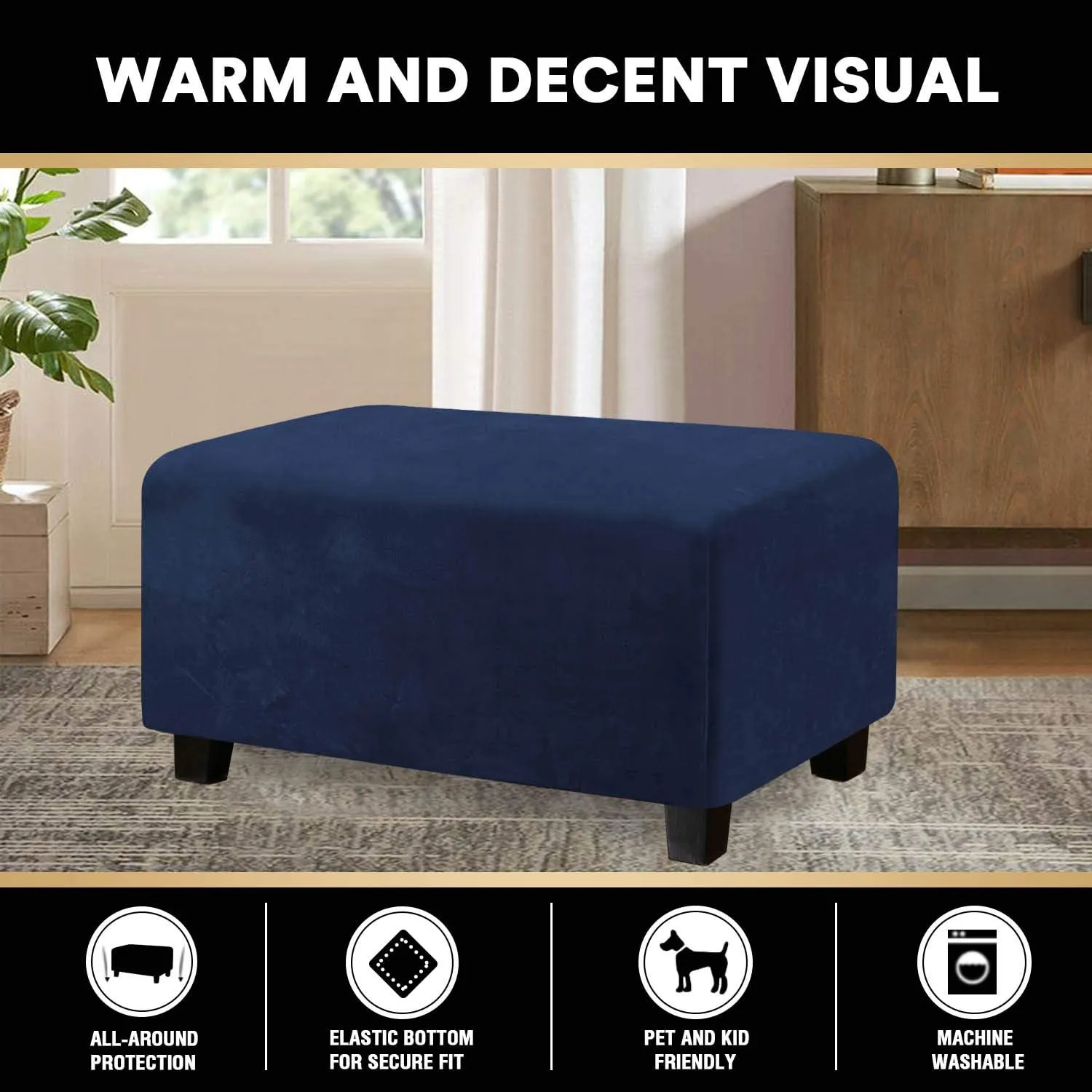 PrinceDeco Real Velvet Plush Ottoman Cover Soft Rectangle Folding Storage Covers Furniture Protector Removable Footstool Protect Footrest Covers Elastic Bottom(X-Large, Navy)