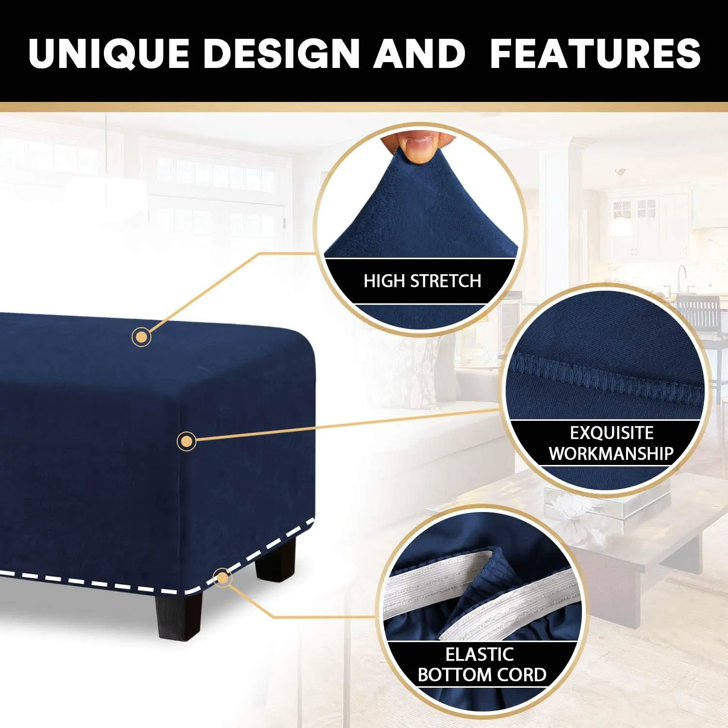 PrinceDeco Real Velvet Plush Ottoman Cover Soft Rectangle Folding Storage Covers Furniture Protector Removable Footstool Protect Footrest Covers Elastic Bottom(X-Large, Navy)