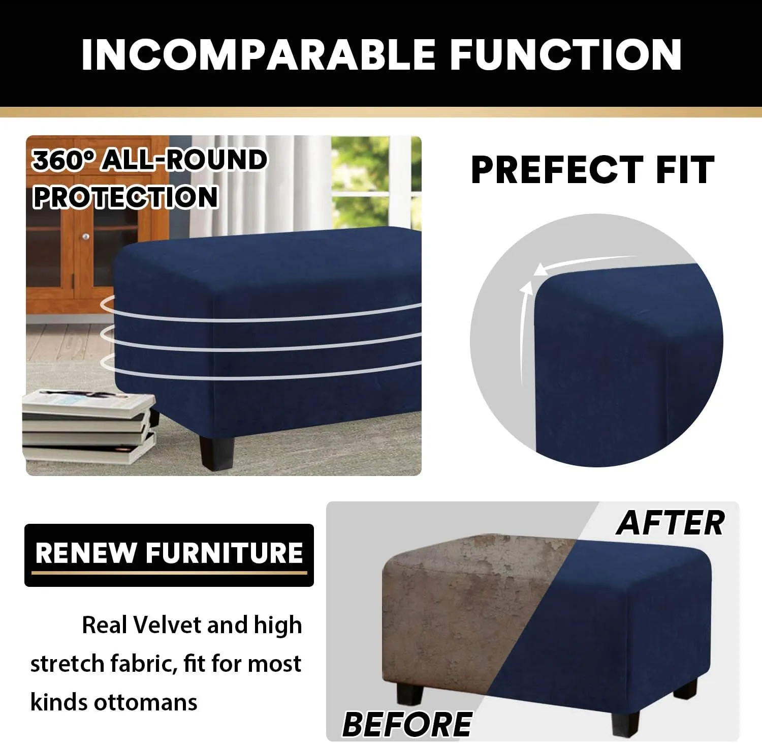 PrinceDeco Real Velvet Plush Ottoman Cover Soft Rectangle Folding Storage Covers Furniture Protector Removable Footstool Protect Footrest Covers Elastic Bottom(X-Large, Navy)