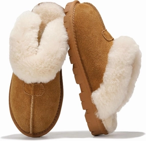 Project Cloud House Slippers for Women - Genuine Leather & Natural Fur Lining Fluffy Slippers - Cozy Memory Foam Womens Shoes (Hedy)