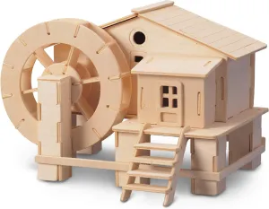 Puzzled 3D Puzzle Water Mill Set Wood Craft Construction Model Kit, Fun & Educational DIY Wooden Toy Assemble Model Unfinished Crafting Hobby Puzzle to Build and Paint for Decoration 65 Pieces Pack