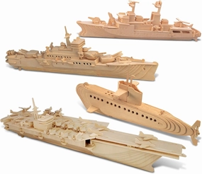 Puzzled Bundle of Submarine, Destroyer, Battleship & Aircraft Carrier Wooden 3D Puzzles Construction Kits, Educational DIY Naval Ships Toys Assemble Models Unfinished Wood Craft Hobby Puzzles - 4 Pack