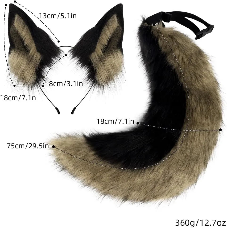 QinRuan Faux Fur Wolf Ears Headband Furry Dog Tail Set Animal Coustume Cospaly Halloween Party