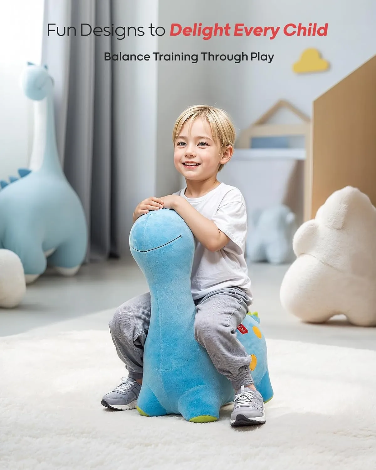 QPAU Colourful Bouncy Dinosaur, Soft Plush Covered Bouncy Pal for Toddlers 1-3, Bouncy Animal Hopper, Inflatable Ride on Bouncer for Toddler, Baby Girl Boy Toy Gift 18 Month 2 3 4 5 Year Old