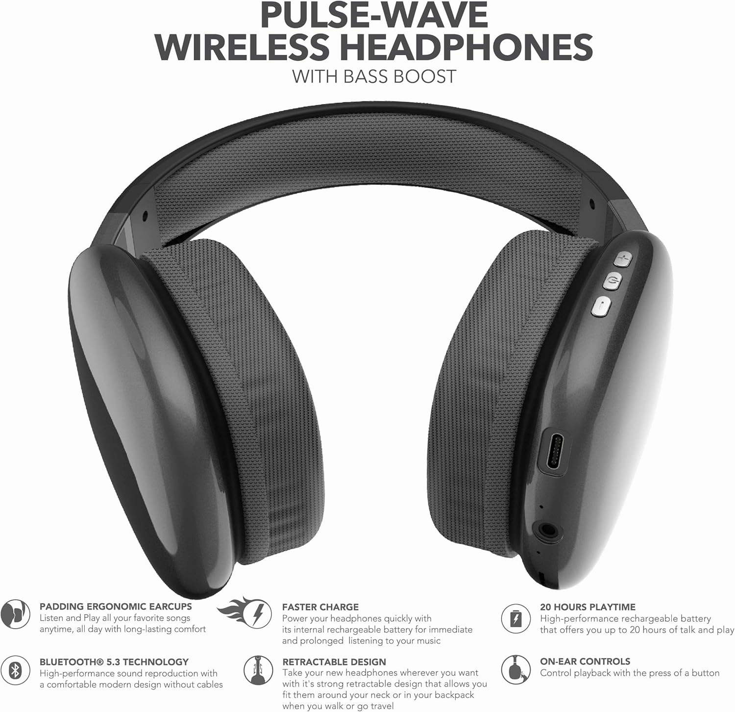 RCA Wave-56 Wireless Headphones, 20 Hour Battery Life, Hi-Res Audio, Enhanced Bass, Transparency Mode, Noise Cancelling Headphones, Lightweight Comfort, Travel Friendly Design, Black