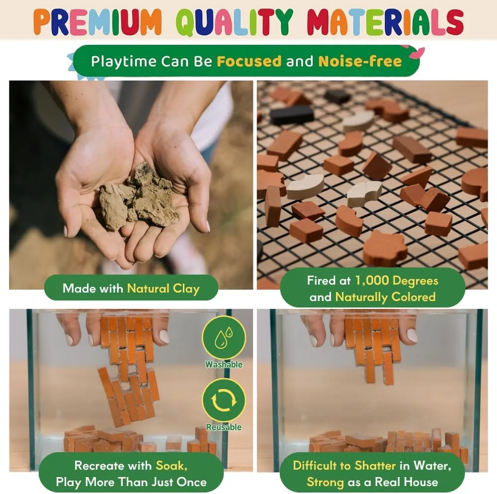 Real Red Clay Mini Bricks Sets, Construction Education Toy for Kids 6  Years Old, Craft Bricks for Adults, Realistic House, DIY Garden, STEM Building Set, Washable & Reusable | Rectangle Brick (50pcs)