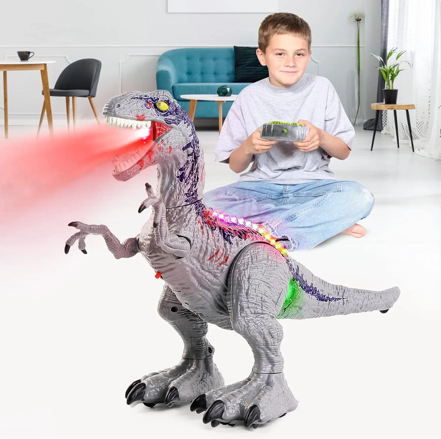 Remote Control Dinosaur for Boys 4-7 Year Old, Big Jurassic Velociraptor RC Walking Dinosaur Toys for Kids 3-5, Electric Robot Dinosaur with Spray, Light & Sound, Birthday Gift for Kids