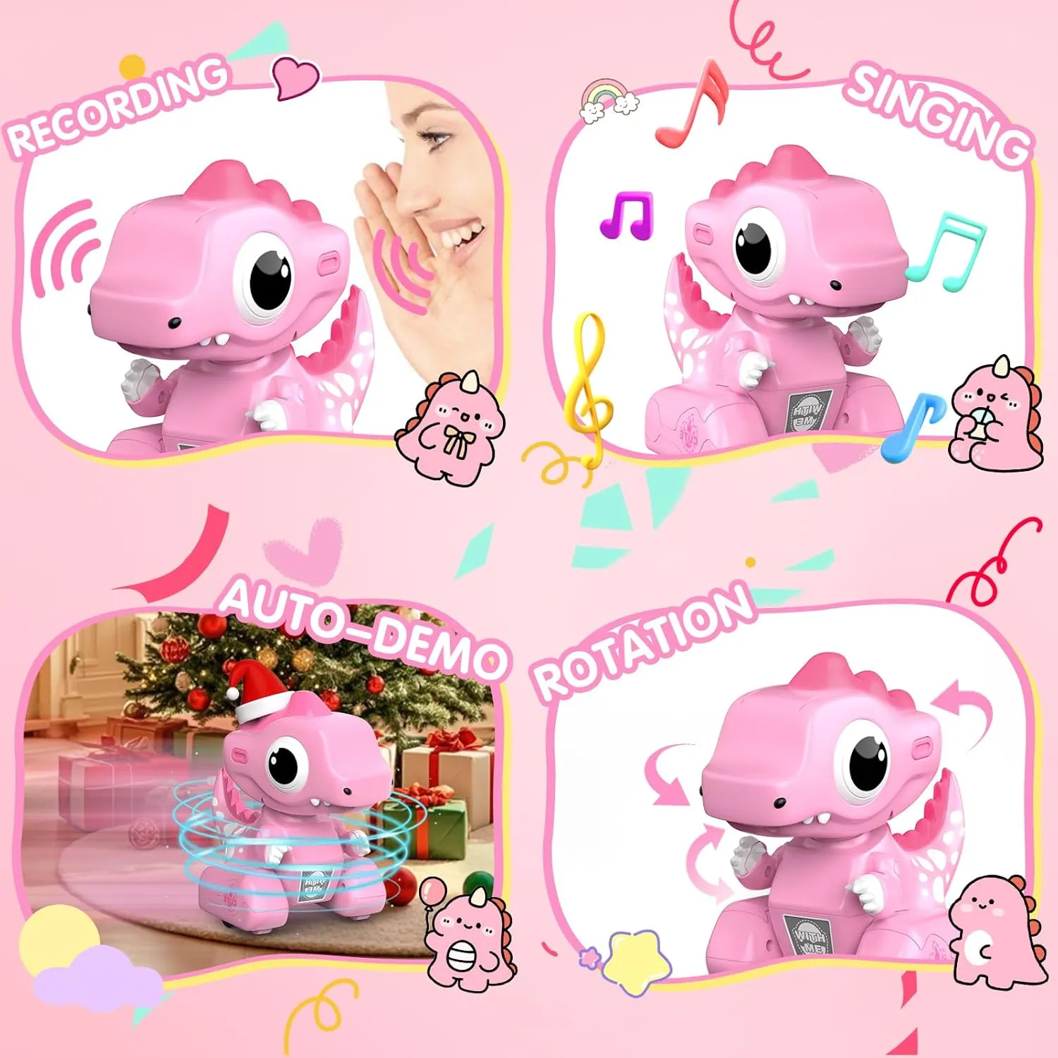Remote Control Robot Dinosaur Toys, Dinosaur Toys for Kids, Robot Toy with LED Light Eyes, Auto-Demo, Recording, Repeat, 360 Degree Rotation, Singing for Girls Boys Age 3 Years and Up, Pink