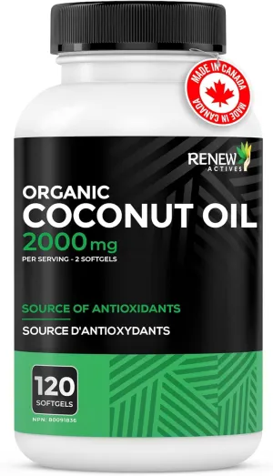 Renew Actives Coconut Oil Supplement 2000MG per 2 Softgels - Premium Source of Antioxidants, Natural Fatty Acids & Metabolism Support for Optimal Health & Energy - Made in Canada - 120 Softgels