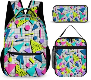 Retro 80s 90s Pattern 3 Piece Backpack Sets With Lunch Bag Pencil Case Combination Hiking Travel Work