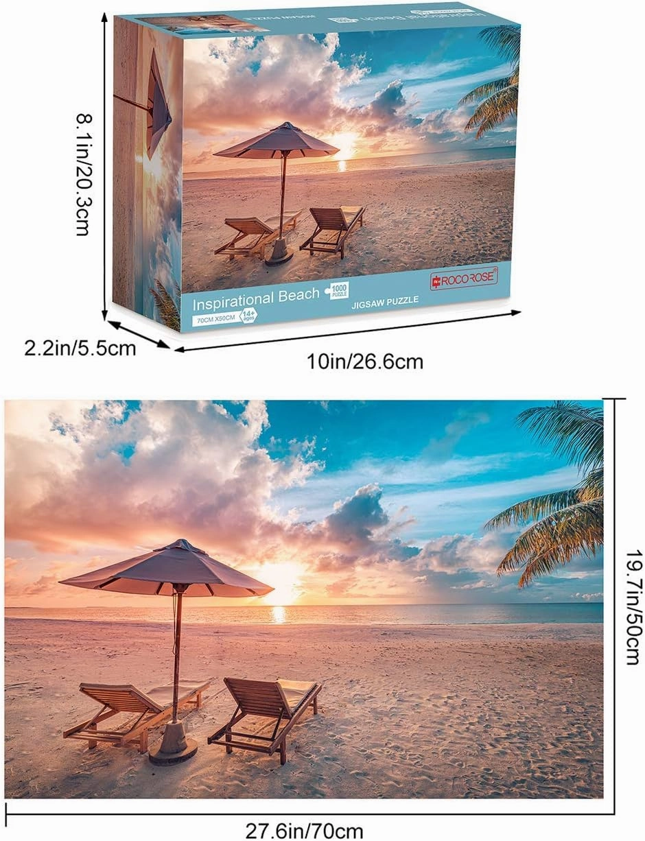 Rocorose 1000 Piece Jigsaw Puzzle, Inspirational Beach Puzzles for Adults and Families, Tropical Ocean Sunrise Sunset Scene Nature Puzzle, HD Quality Challenging Landscape Photo Puzzle Games