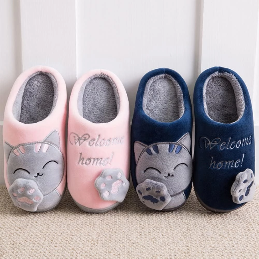 Rojeam Ladies Cute Cat Animal Plush Slip On Winter Warm Bedroom Shoes Non Slip House Slippers for Women Men