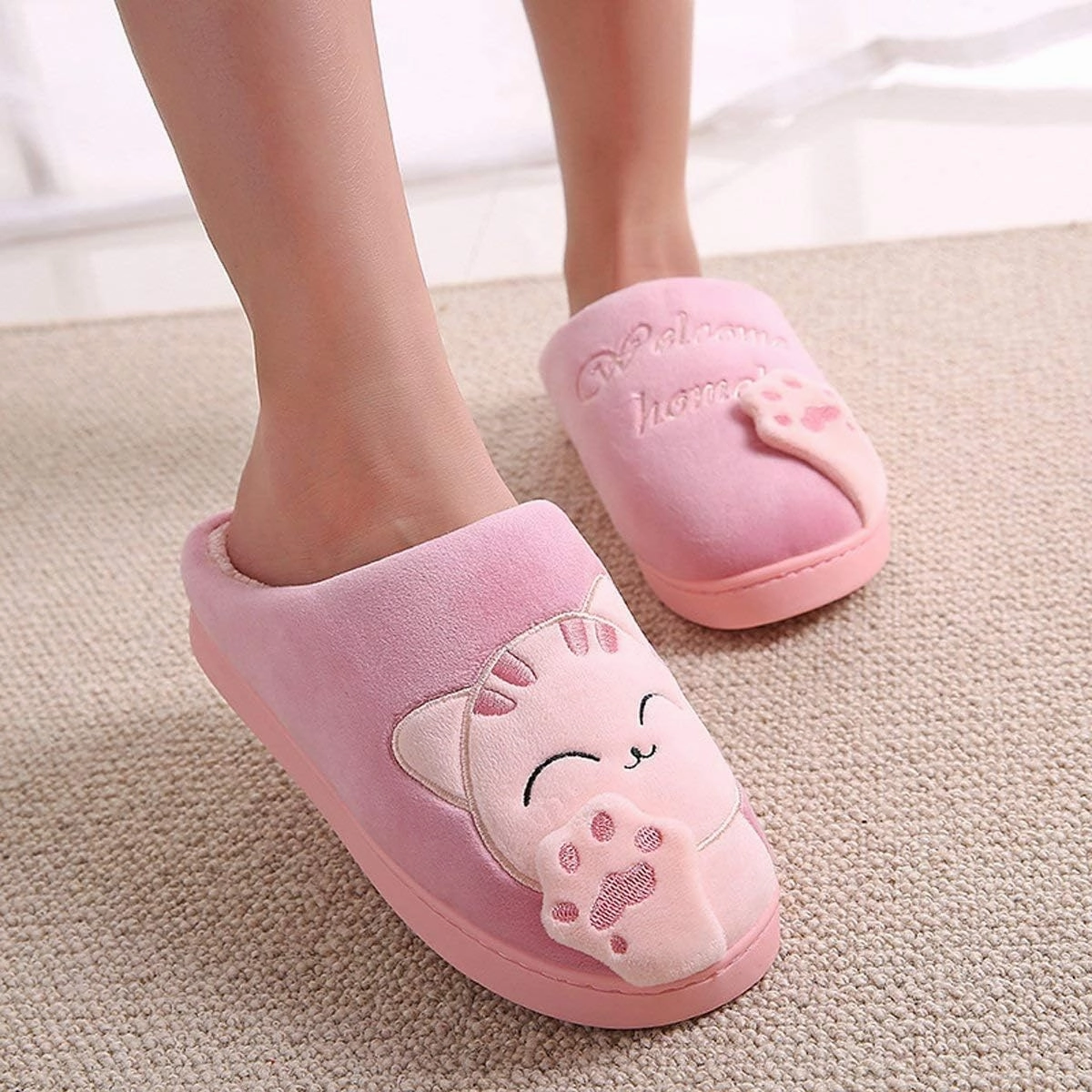 Rojeam Ladies Cute Cat Animal Plush Slip On Winter Warm Bedroom Shoes Non Slip House Slippers for Women Men