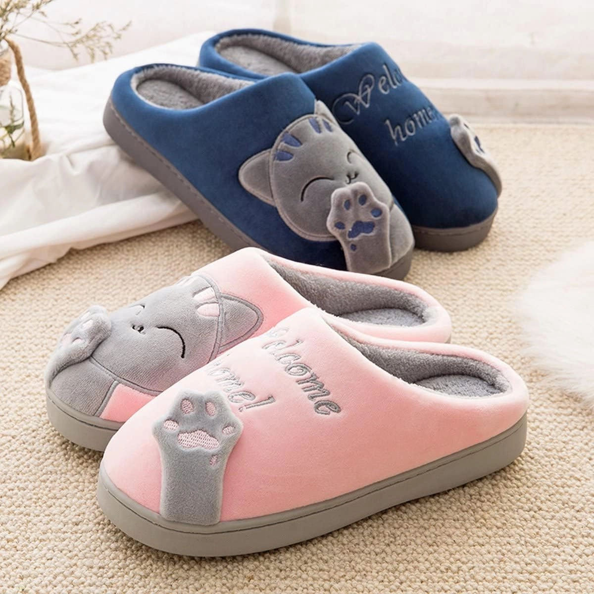 Rojeam Ladies Cute Cat Animal Plush Slip On Winter Warm Bedroom Shoes Non Slip House Slippers for Women Men