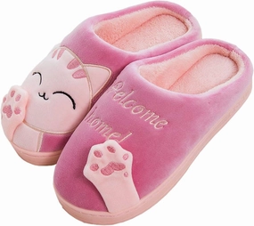 Rojeam Ladies Cute Cat Animal Plush Slip On Winter Warm Bedroom Shoes Non Slip House Slippers for Women Men