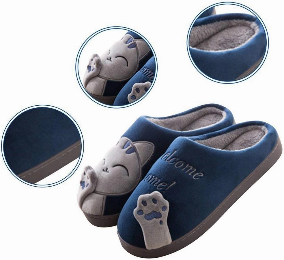 Rojeam Ladies Cute Cat Animal Plush Slip On Winter Warm Bedroom Shoes Non Slip House Slippers for Women Men