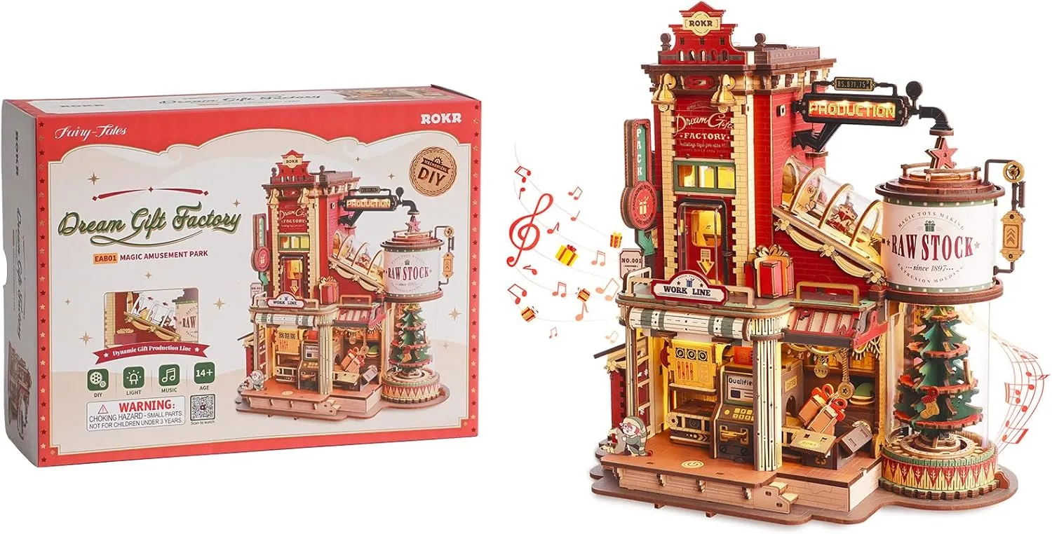 ROKR 3D Wooden Puzzle for Adult - Gift Factory Mechanical Model Kit with Music & Lights, 449pcs Adult Wooden Puzzles, DIY Building Toy for Teens & Adults