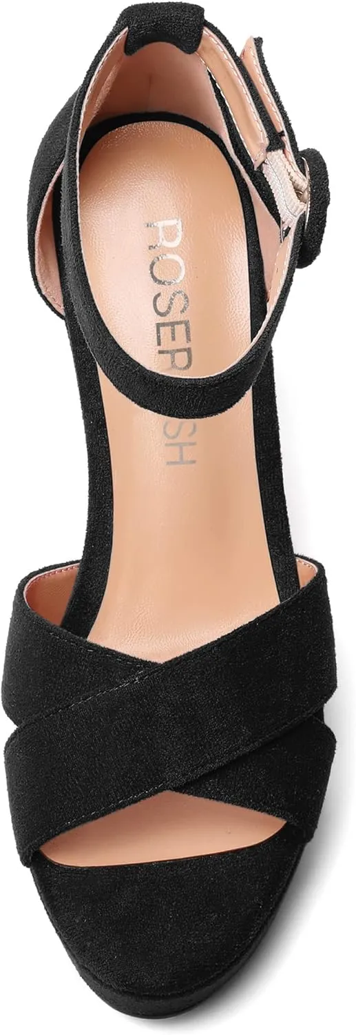 ROSERWISH Womens Buckle Fashion Round Toe Ankle Strap Platform Evening Suede Sexy Wedge High Heel Sandals 4 Inch