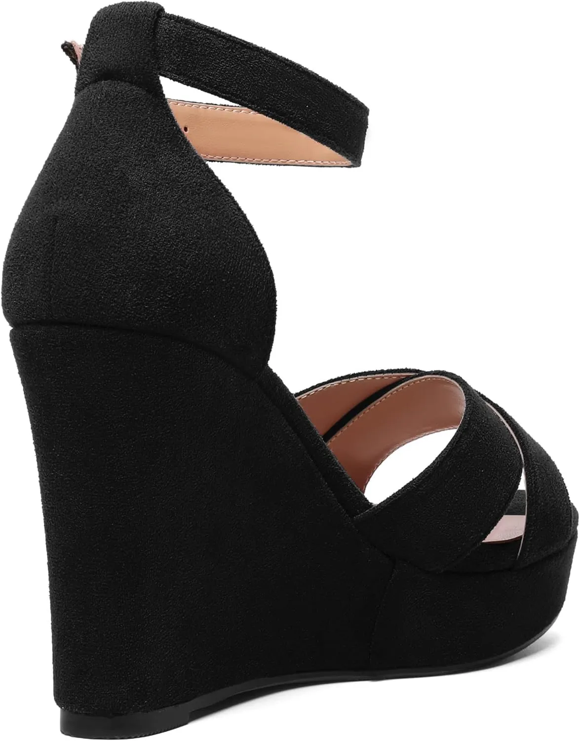 ROSERWISH Womens Buckle Fashion Round Toe Ankle Strap Platform Evening Suede Sexy Wedge High Heel Sandals 4 Inch