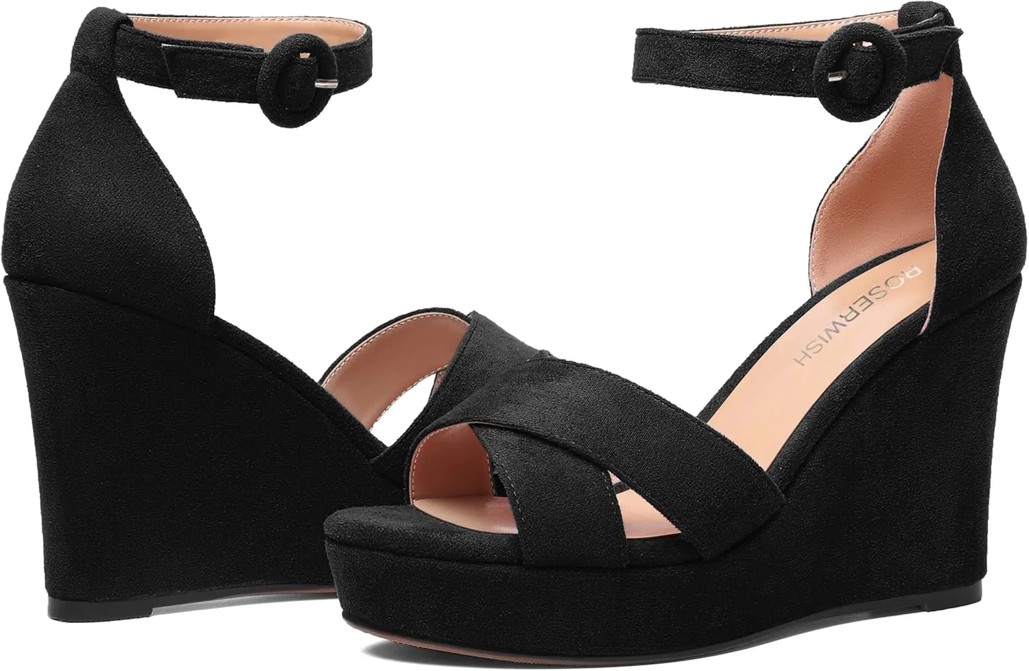 ROSERWISH Womens Buckle Fashion Round Toe Ankle Strap Platform Evening Suede Sexy Wedge High Heel Sandals 4 Inch
