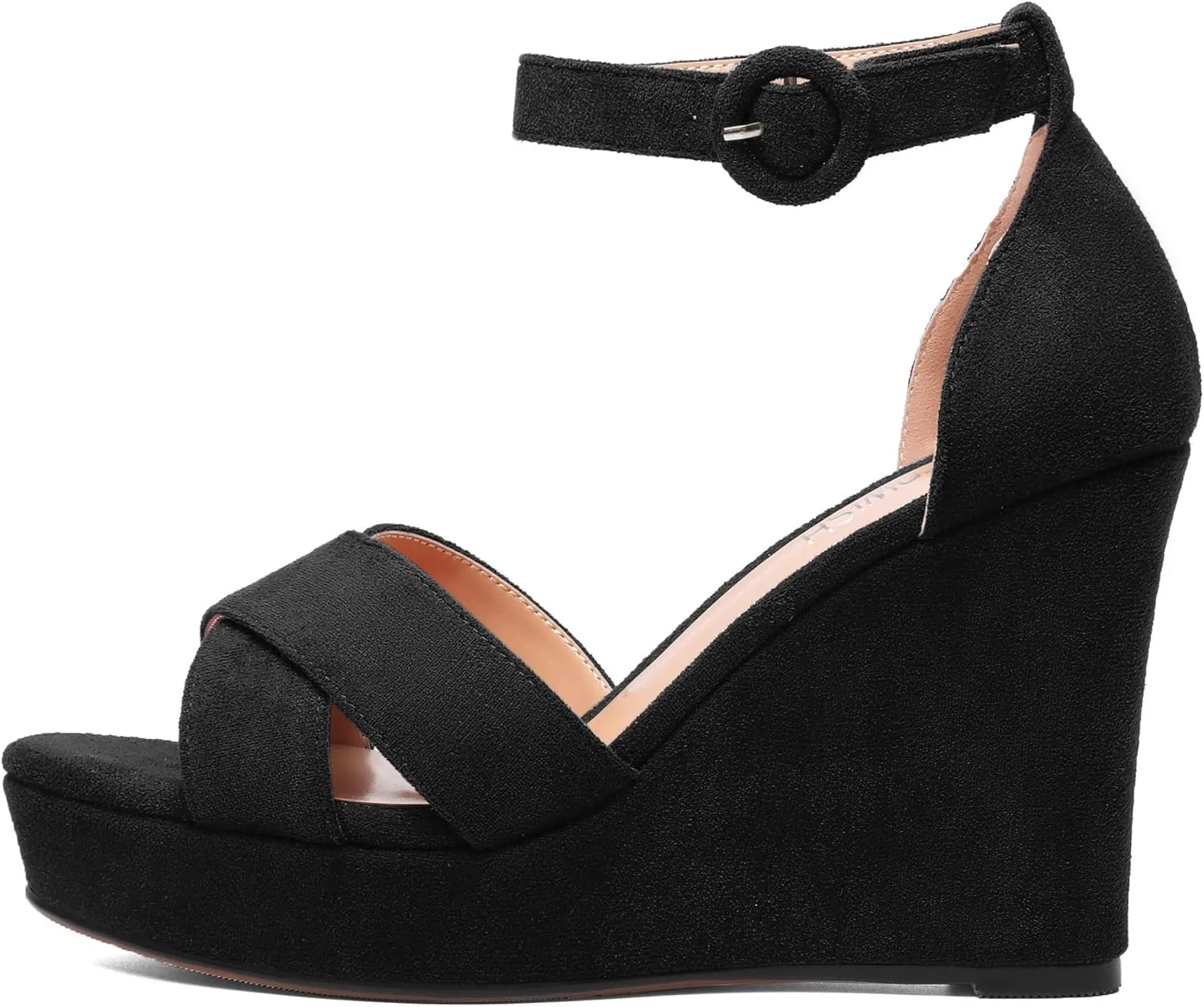 ROSERWISH Womens Buckle Fashion Round Toe Ankle Strap Platform Evening Suede Sexy Wedge High Heel Sandals 4 Inch