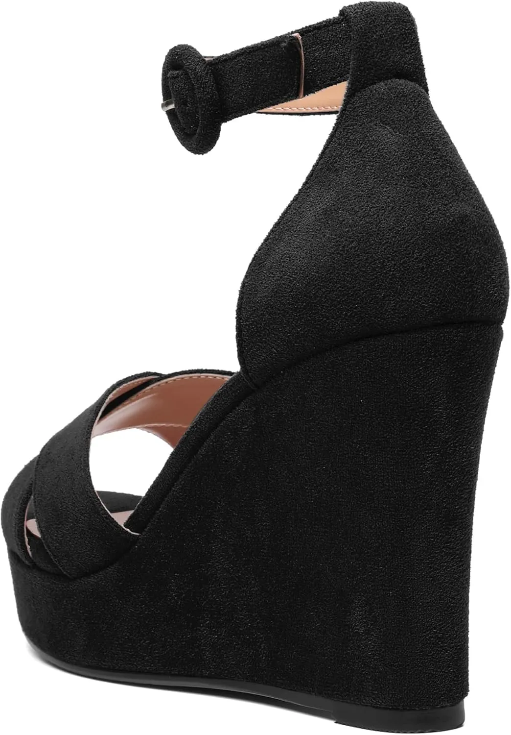 ROSERWISH Womens Buckle Fashion Round Toe Ankle Strap Platform Evening Suede Sexy Wedge High Heel Sandals 4 Inch