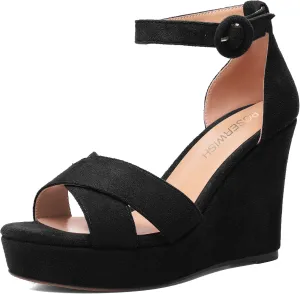 ROSERWISH Womens Buckle Fashion Round Toe Ankle Strap Platform Evening Suede Sexy Wedge High Heel Sandals 4 Inch