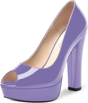 ROSERWISH Womens Peep Toe Patent Slip On Comfortable Night Club Sexy Block High Heel Pumps Shoes 5 Inch