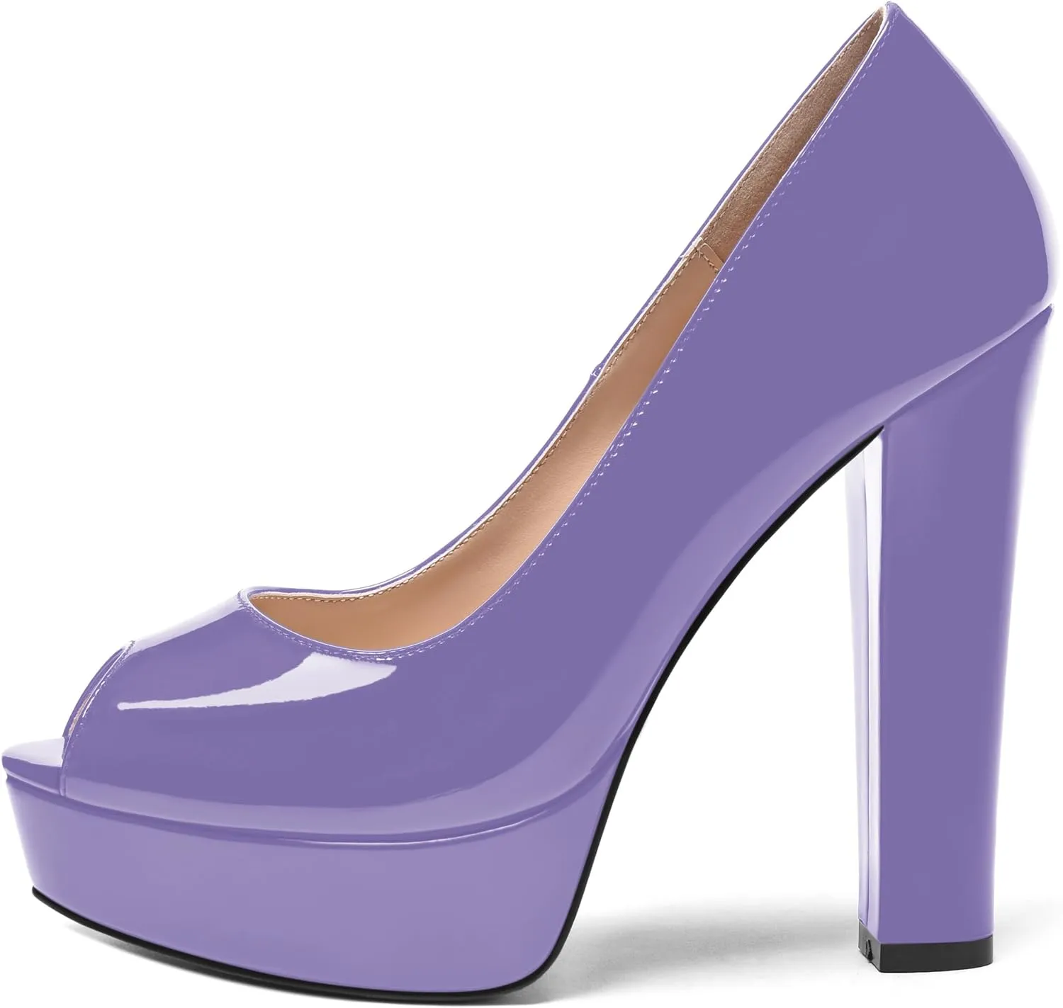ROSERWISH Womens Peep Toe Patent Slip On Comfortable Night Club Sexy Block High Heel Pumps Shoes 5 Inch