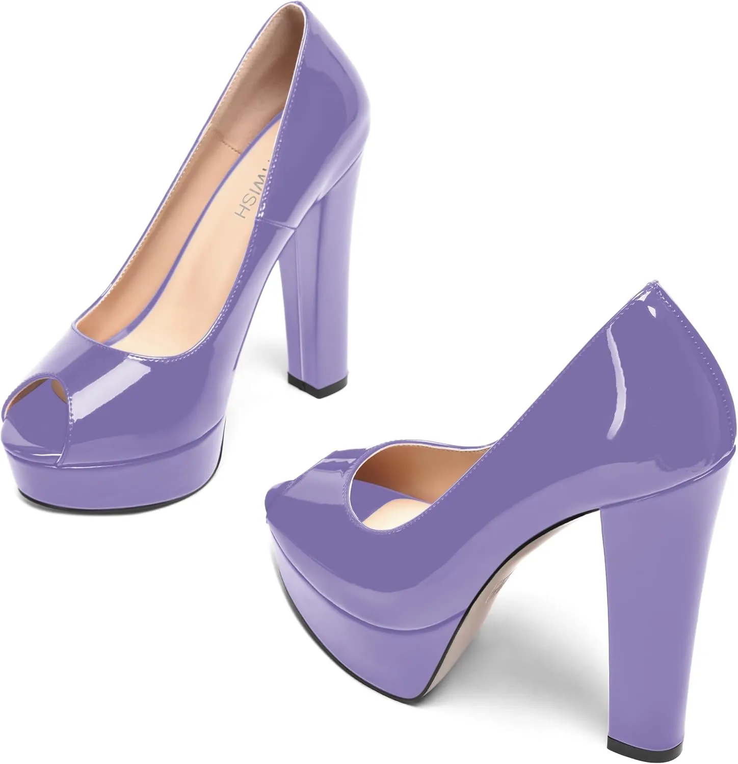 ROSERWISH Womens Peep Toe Patent Slip On Comfortable Night Club Sexy Block High Heel Pumps Shoes 5 Inch