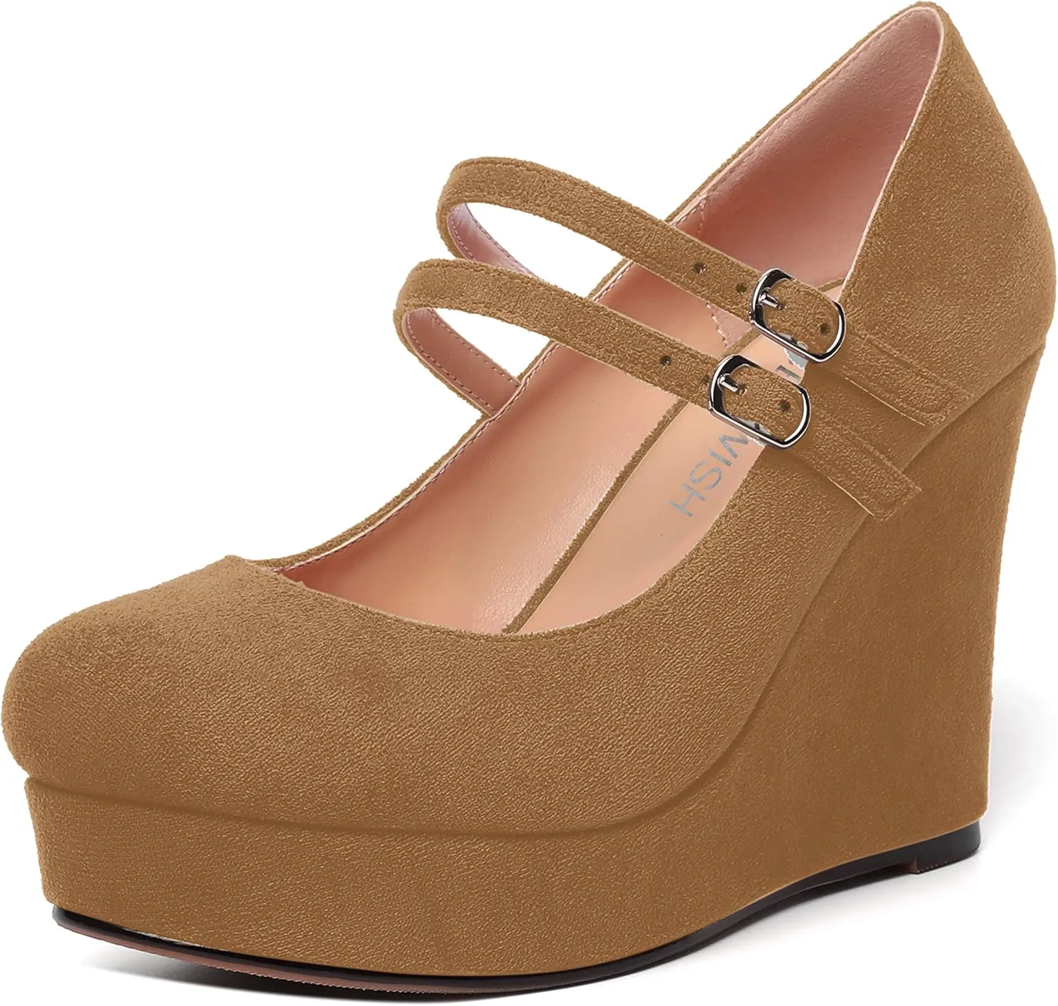 ROSERWISH Womens Sexy Night Club Round Toe Fashion Suede Ankle Strap Platform Buckle Wedge High Heel Pumps Dress Shoes 4 Inch