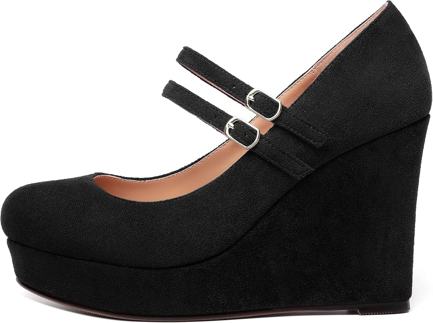 ROSERWISH Womens Sexy Night Club Round Toe Fashion Suede Ankle Strap Platform Buckle Wedge High Heel Pumps Dress Shoes 4 Inch