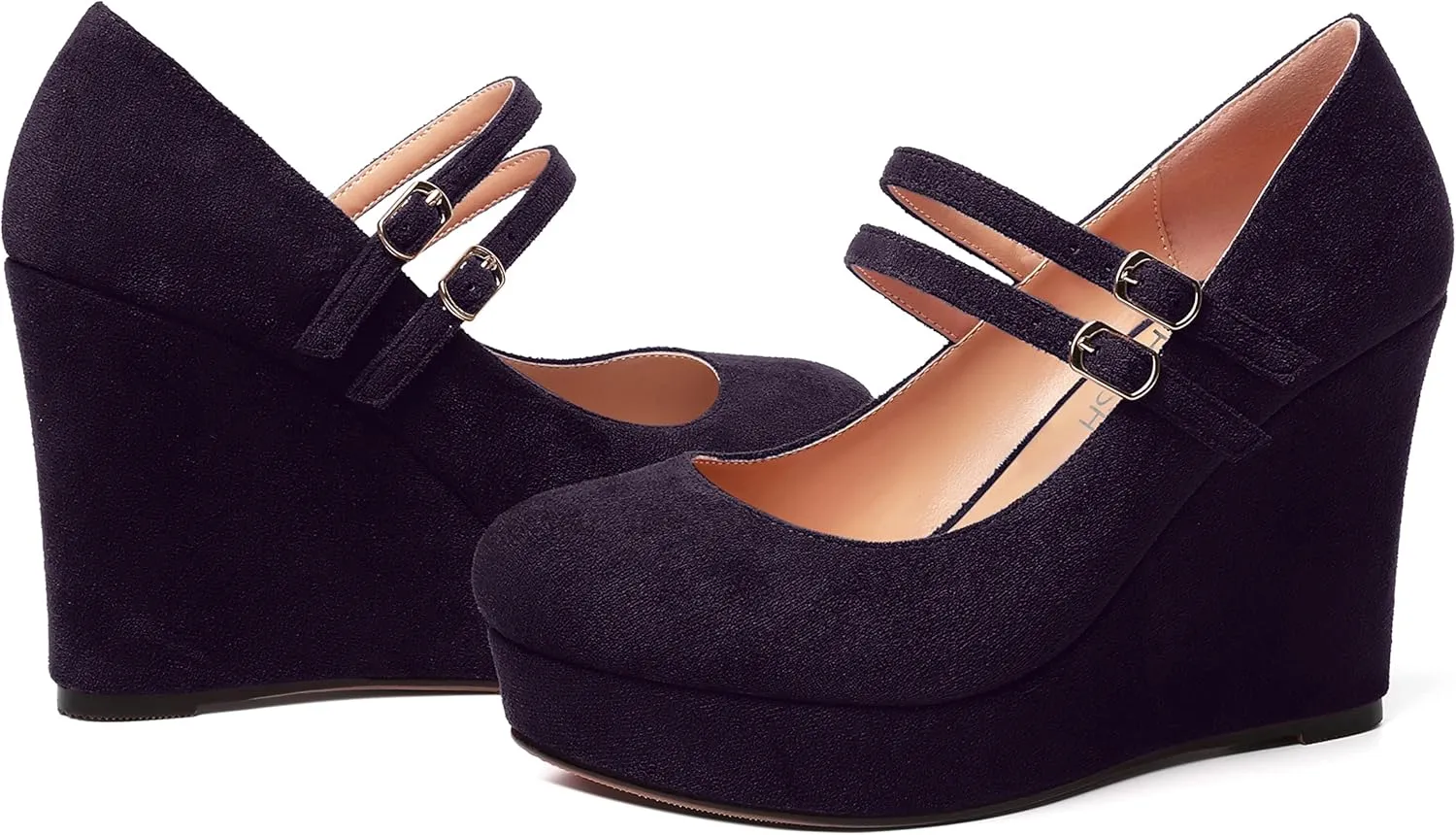 ROSERWISH Womens Sexy Night Club Round Toe Fashion Suede Ankle Strap Platform Buckle Wedge High Heel Pumps Dress Shoes 4 Inch