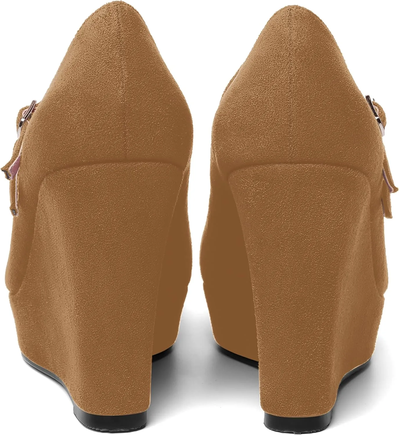 ROSERWISH Womens Sexy Night Club Round Toe Fashion Suede Ankle Strap Platform Buckle Wedge High Heel Pumps Dress Shoes 4 Inch