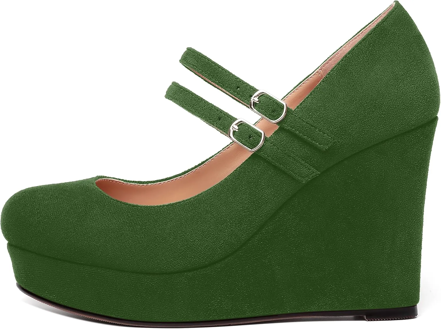 ROSERWISH Womens Sexy Night Club Round Toe Fashion Suede Ankle Strap Platform Buckle Wedge High Heel Pumps Dress Shoes 4 Inch