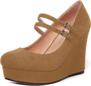 ROSERWISH Womens Sexy Night Club Round Toe Fashion Suede Ankle Strap Platform Buckle Wedge High Heel Pumps Dress Shoes 4 Inch