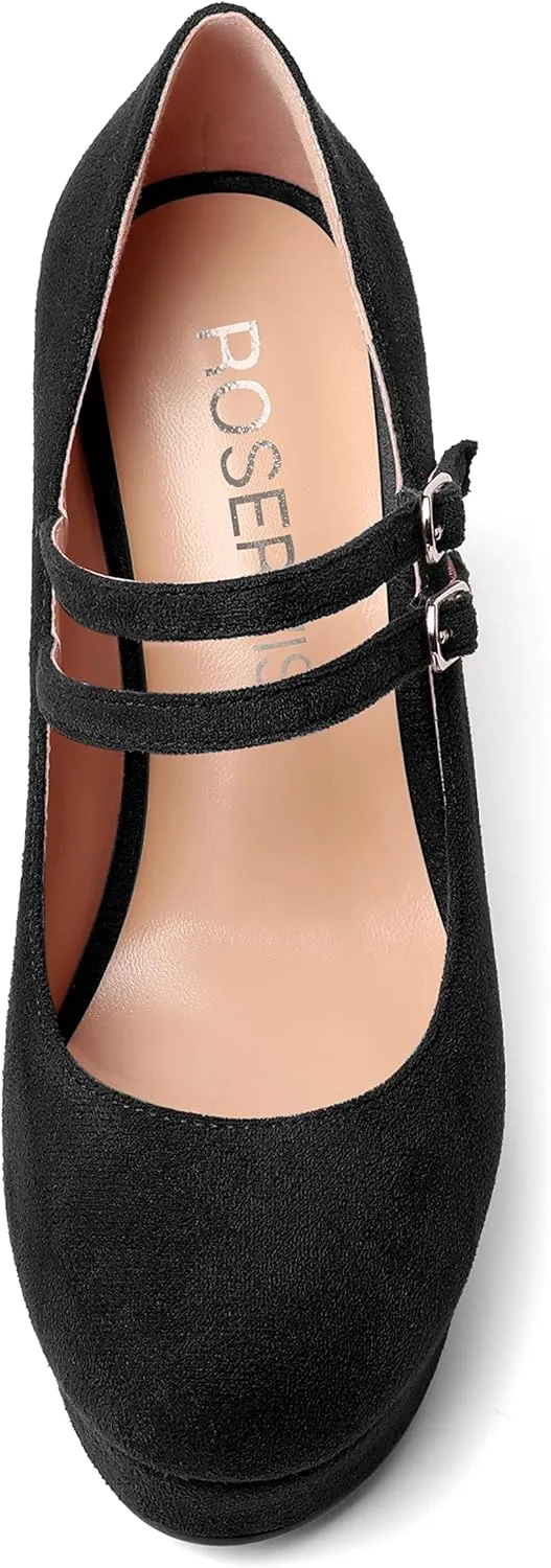 ROSERWISH Womens Sexy Night Club Round Toe Fashion Suede Ankle Strap Platform Buckle Wedge High Heel Pumps Dress Shoes 4 Inch