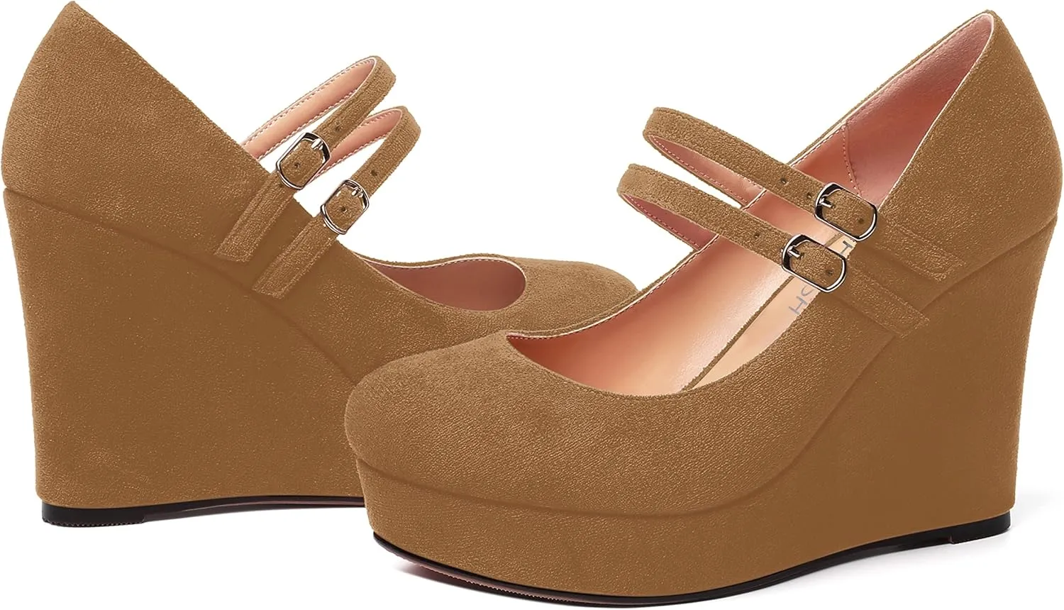 ROSERWISH Womens Sexy Night Club Round Toe Fashion Suede Ankle Strap Platform Buckle Wedge High Heel Pumps Dress Shoes 4 Inch