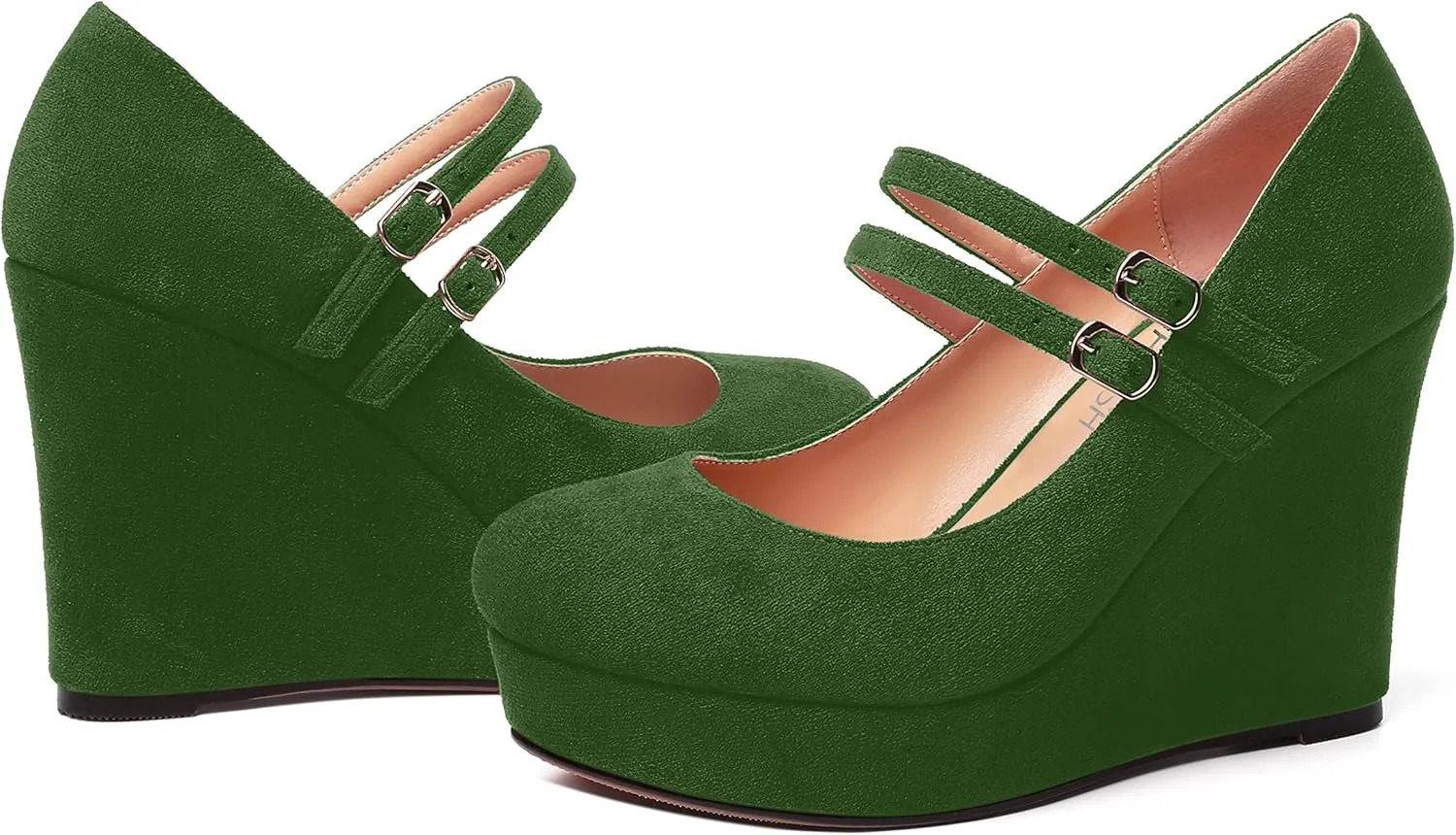ROSERWISH Womens Sexy Night Club Round Toe Fashion Suede Ankle Strap Platform Buckle Wedge High Heel Pumps Dress Shoes 4 Inch
