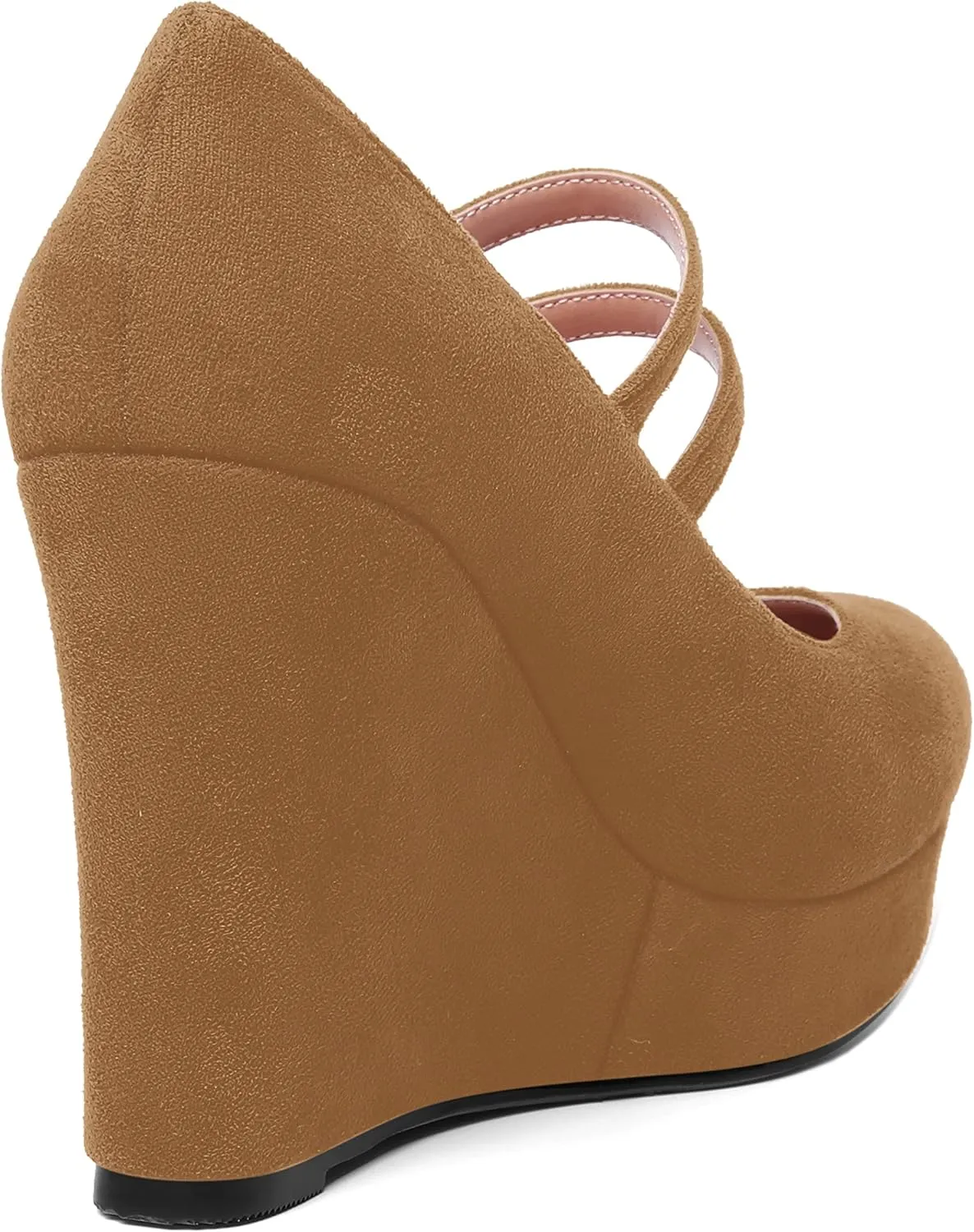 ROSERWISH Womens Sexy Night Club Round Toe Fashion Suede Ankle Strap Platform Buckle Wedge High Heel Pumps Dress Shoes 4 Inch
