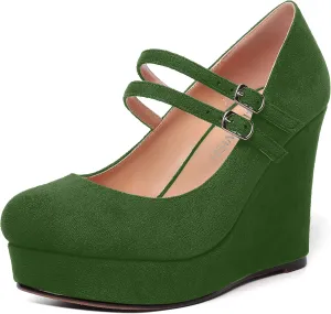 ROSERWISH Womens Sexy Night Club Round Toe Fashion Suede Ankle Strap Platform Buckle Wedge High Heel Pumps Dress Shoes 4 Inch