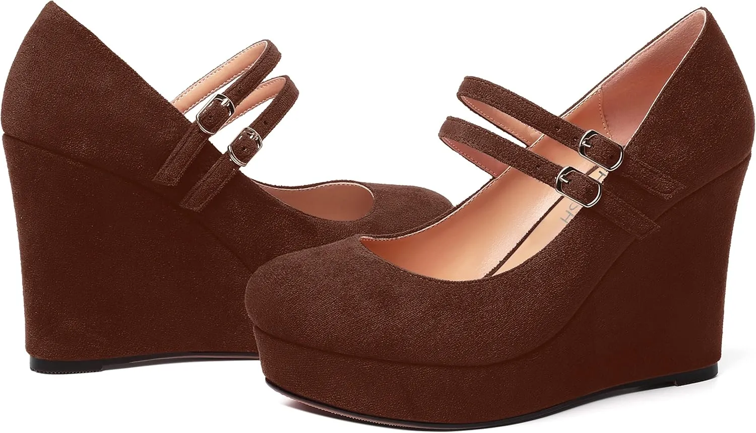 ROSERWISH Womens Sexy Night Club Round Toe Fashion Suede Ankle Strap Platform Buckle Wedge High Heel Pumps Dress Shoes 4 Inch