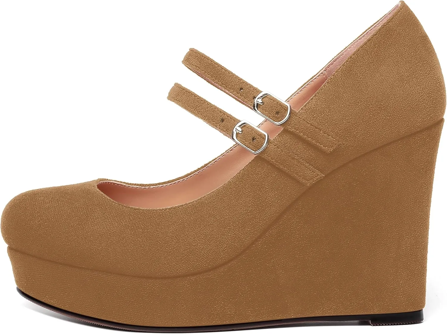 ROSERWISH Womens Sexy Night Club Round Toe Fashion Suede Ankle Strap Platform Buckle Wedge High Heel Pumps Dress Shoes 4 Inch