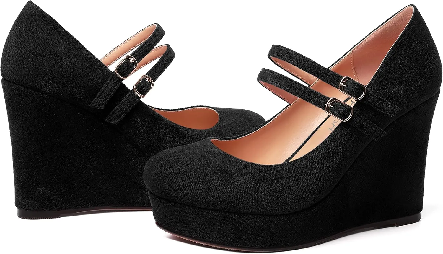 ROSERWISH Womens Sexy Night Club Round Toe Fashion Suede Ankle Strap Platform Buckle Wedge High Heel Pumps Dress Shoes 4 Inch